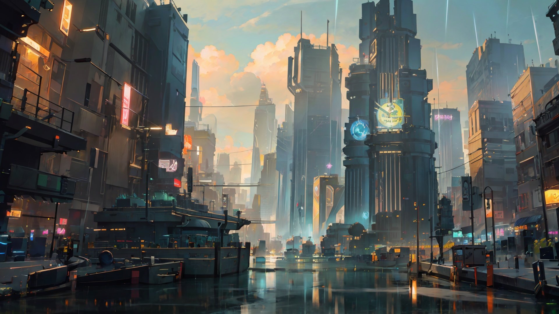 (((masterpiece))), ((extremely detailed CG unity 8k wallpaper)), best quality, high resolution illustration, Amazing, highres, intricate detail, (best illumination, best shadow, an extremely delicate and beautiful),

Cyberpunk Concept, scenery, cloud, no humans, city, building, reflection, sky, outdoors, cloudy sky, cityscape, water, science fiction, skyscraper, bridge, road, rain