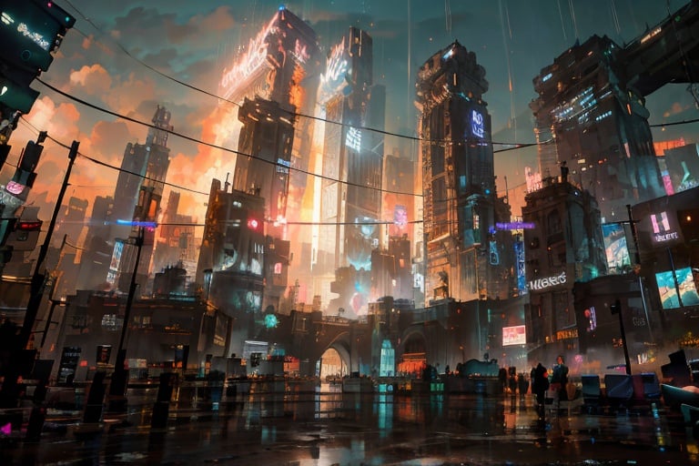 (((masterpiece))), ((extremely detailed CG unity 8k wallpaper)), best quality, high resolution illustration, Amazing, highres, intricate detail, (best illumination, best shadow, an extremely delicate and beautiful),

Cyberpunk Concept, scenery, cloud, no humans, city, building, reflection, sky, outdoors, cloudy sky, cityscape, water, science fiction, skyscraper, bridge, road, rain