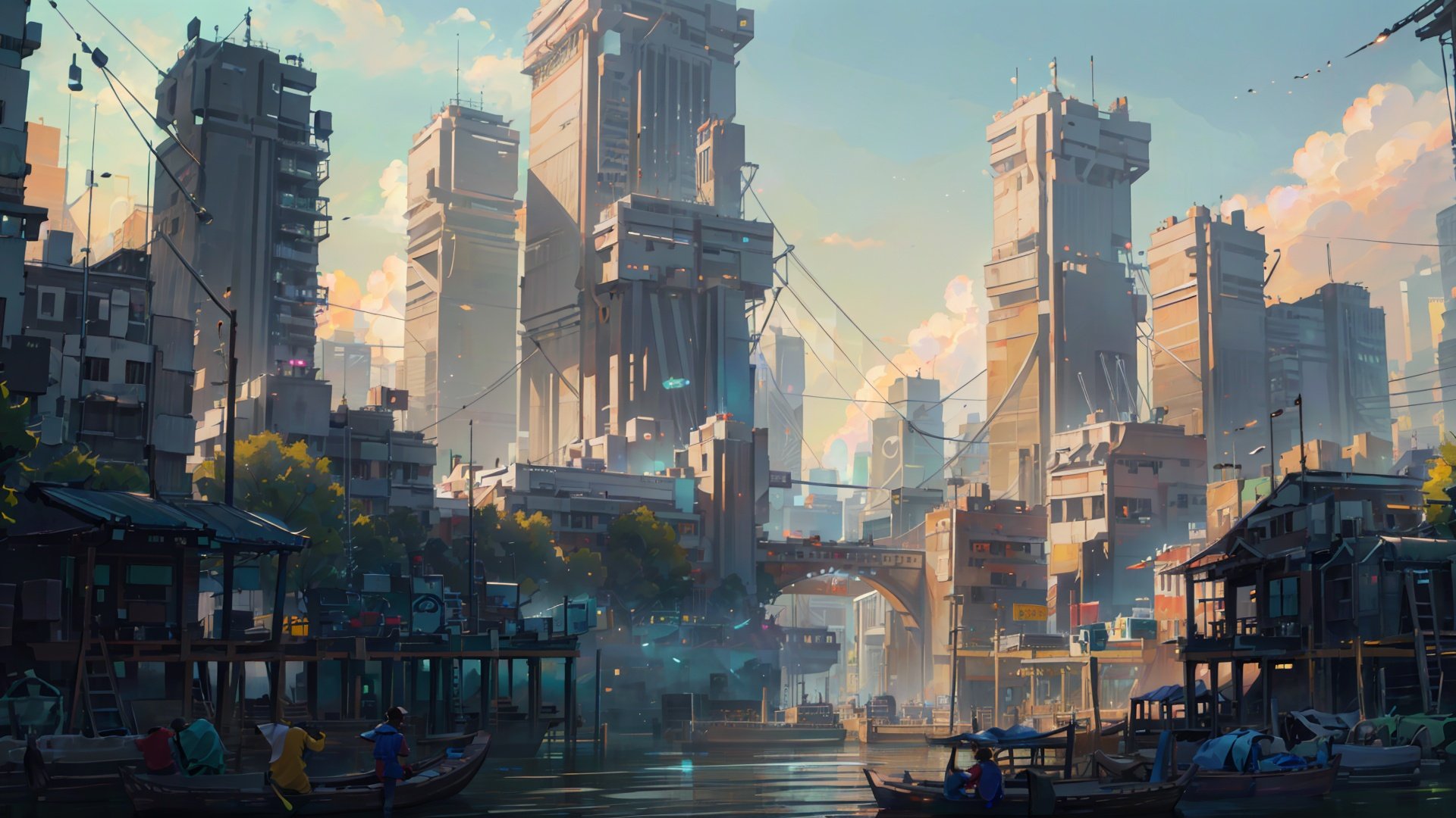 (((masterpiece))), ((extremely detailed CG unity 8k wallpaper)), best quality, high resolution illustration, Amazing, highres, intricate detail, (best illumination, best shadow, an extremely delicate and beautiful),

Cyberpunk Concept, scenery, no humans, building, watercraft, outdoors, boat, city, bird, bridge, crane (machine), cityscape, water, sky
