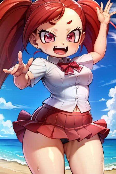 ultra-detailed, masterpiece, highest quality,shiny skin,wet skin,glossy skin,(la brava:1.5),mini skirt,pleated skirt,white shirt,school uniform,twin tails,red hair, pink eyes,long hair,smile,open mouth fangs,beach <lora:labrava2:1>