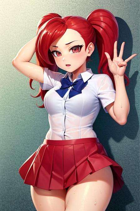 ultra-detailed, masterpiece, highest quality,shiny skin,wet skin,glossy skin,(la brava:1.5),mini skirt,pleated skirt,white shirt,school uniform,twin tails,red hair ,  <lora:labrava2:1>