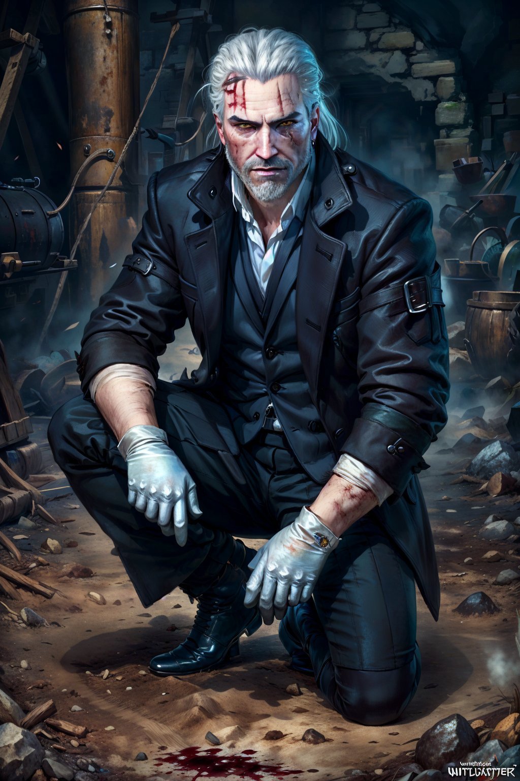 (masterpiece, top quality, best quality, official art, detailed:1.2), <lora:geraltW3-20:0.7>, geraldoW3, solo, gloves, white hair, white gloves, coat, blood, facial hair, formal, suit, beard, single glove, one knee, mature male