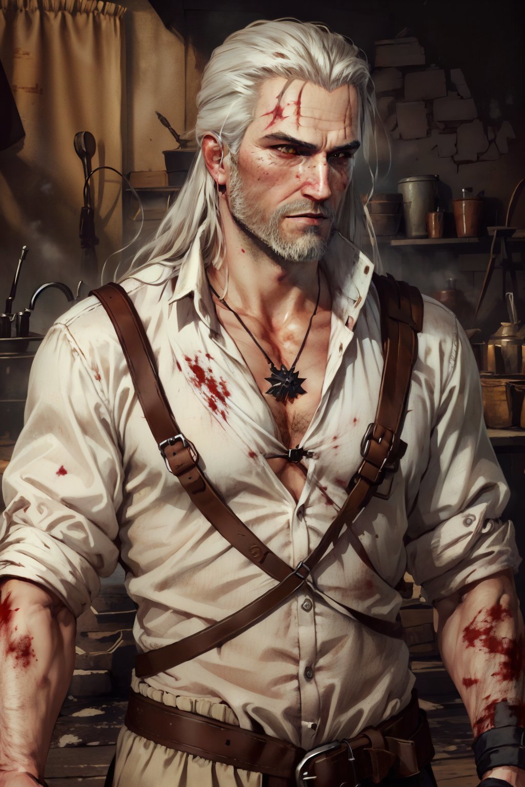 (masterpiece, top quality, best quality, official art, detailed:1.2), <lora:geraltW3-20:0.7>, geraldoW3, solo, long hair, shirt, collarbone, white shirt, upper body, white hair, belt, blood, facial hair, scar, beard, blood on clothes, mature male