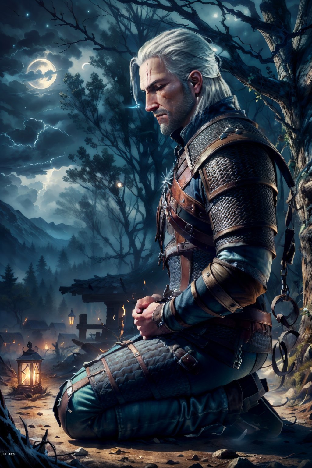 (masterpiece, top quality, best quality, official art, detailed:1.2), <lora:geraltW3-20:0.7>, geraldoW3, solo, sitting, on knees, meditating, eyes closed, armor, tree, night, scar, realistic, chainmail, white hair, wide angle,  from side