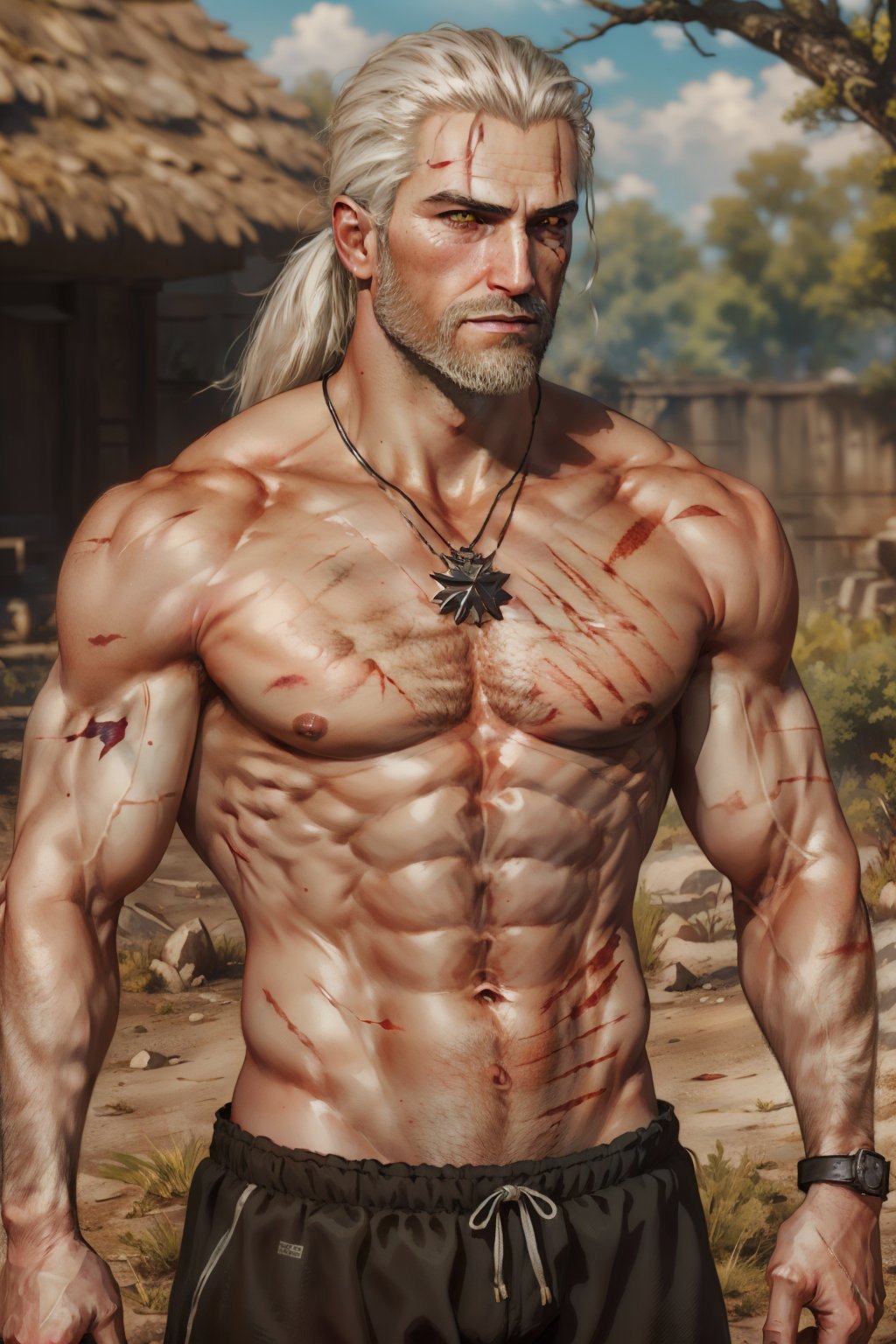 (masterpiece, top quality, best quality, official art, detailed:1.2), <lora:geraltW3-20:0.7>, geraldoW3, navel, closed mouth, nipples, ponytail, white hair, outdoors, stomach, tree, blood, (facial hair), scar, abs, pectorals, muscular male, (beard), scar on face, topless male, mature male, realistic, scar across eye, medallion, scar on chest, scar on arm, scar on stomach