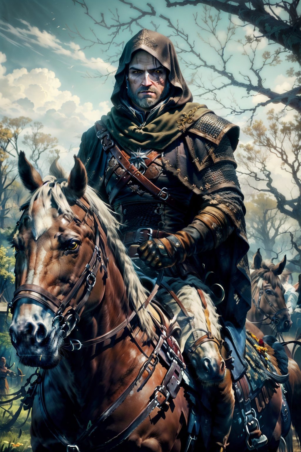 (masterpiece, top quality, best quality, official art, detailed:1.2), <lora:geraltW3-20:0.7>, geraldoW3, solo, gloves, weapon, male focus, outdoors, belt, hood, armor, tree, yellow eyes, facial hair, gauntlets, cloak, beard, hood up, riding, horse, bare tree, horseback riding, chainmail, reins