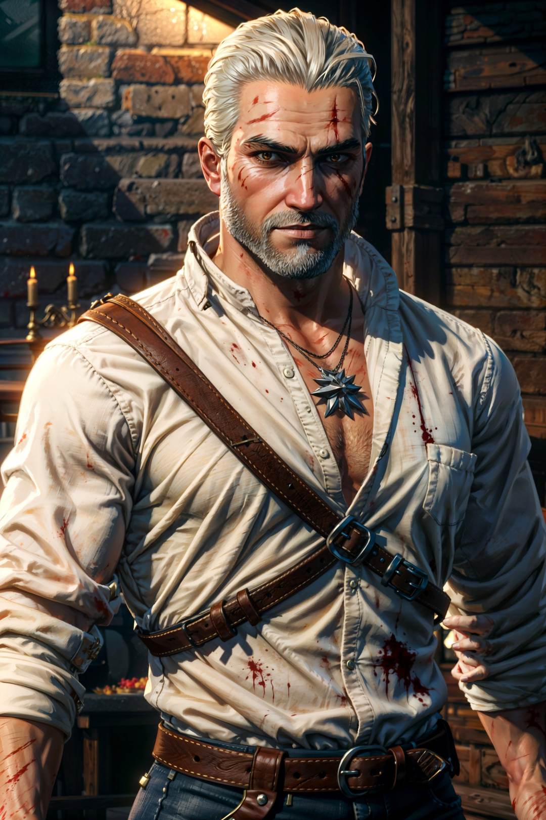 <lora:geraltW3-09a:0.6>, geralt_soul3142, solo, white shirt, upper body, belt, blood, facial hair, scar, beard, blood on clothes, <lora:add_detail:0.5>,