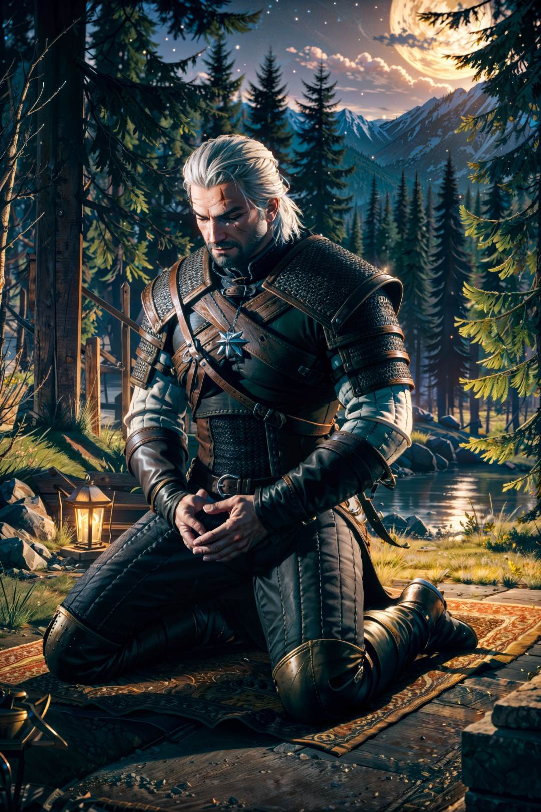 <lora:geraltW3-09a:0.6>, geralt_soul3142, sitting, on knees, meditating, eyes closed, armor, tree, night, scar, realistic, chainmail, white hair, wide angle,<lora:add_detail:0.5>, 