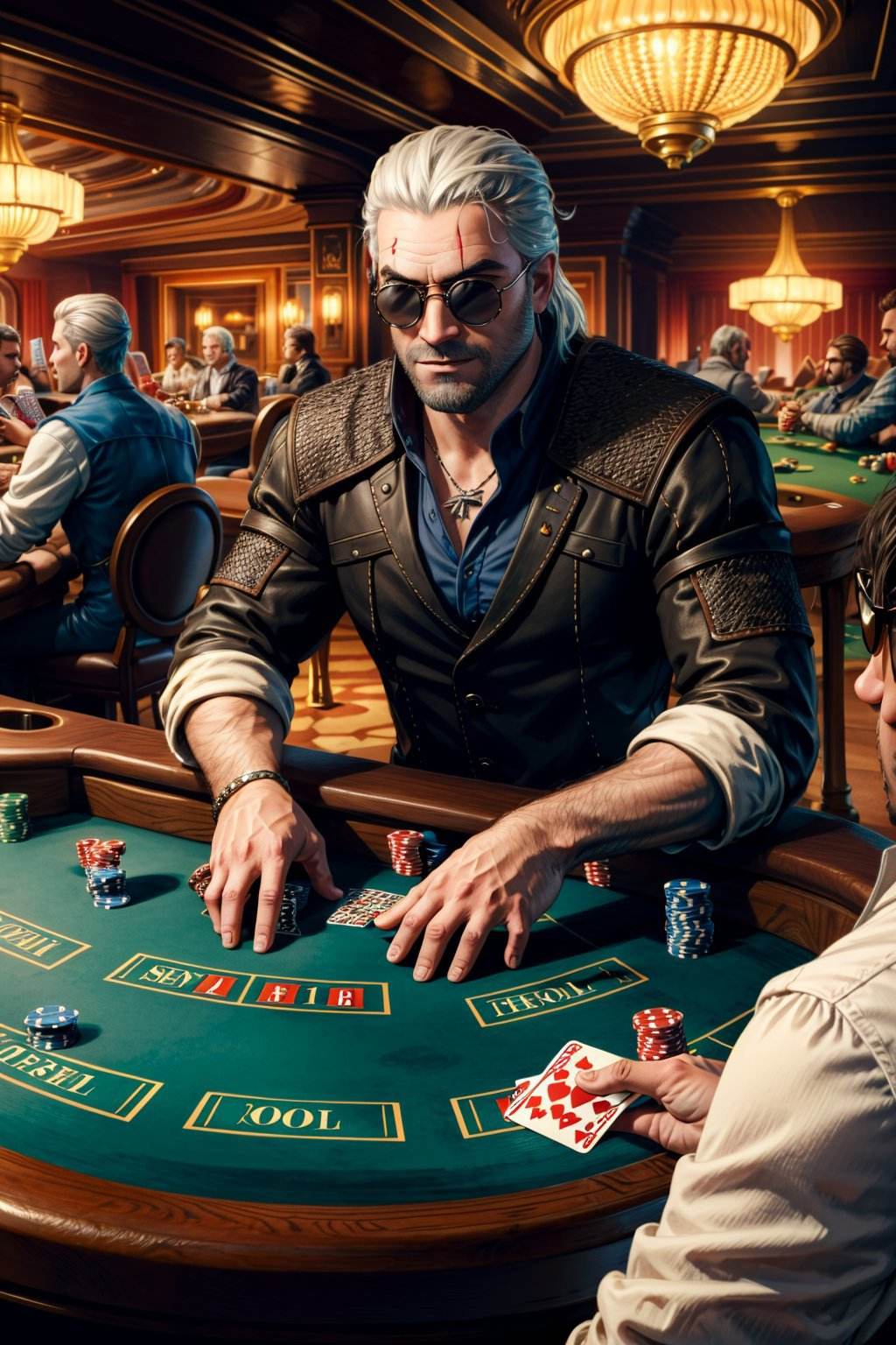 <lora:geraltW3-09a:0.6>, geralt_soul3142, sunglasses, playing poker, casino,  <lora:add_detail:0.5>,