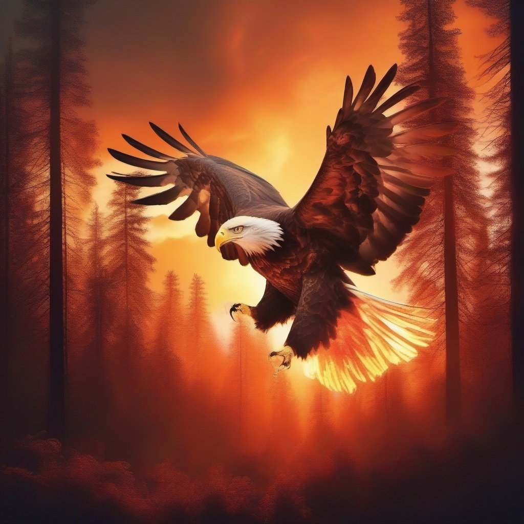 double exposure combines, a full portrait of a giant eagle and a forest on fire, against the backdrop of the setting sun, ultra dynamic light, high quality, unreal engine 