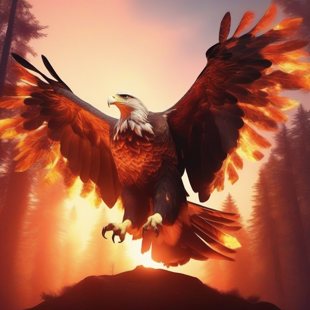 double exposure combines, a full portrait of a giant eagle and a forest on fire, against the backdrop of the setting sun, ultra dynamic light, high quality, unreal engine 