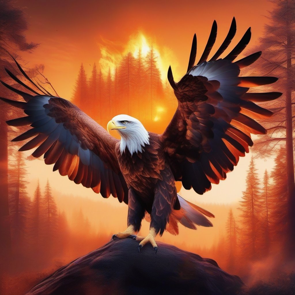 double exposure combines, a full portrait of a giant eagle and a forest on fire, against the backdrop of the setting sun, ultra dynamic light, high quality, unreal engine 