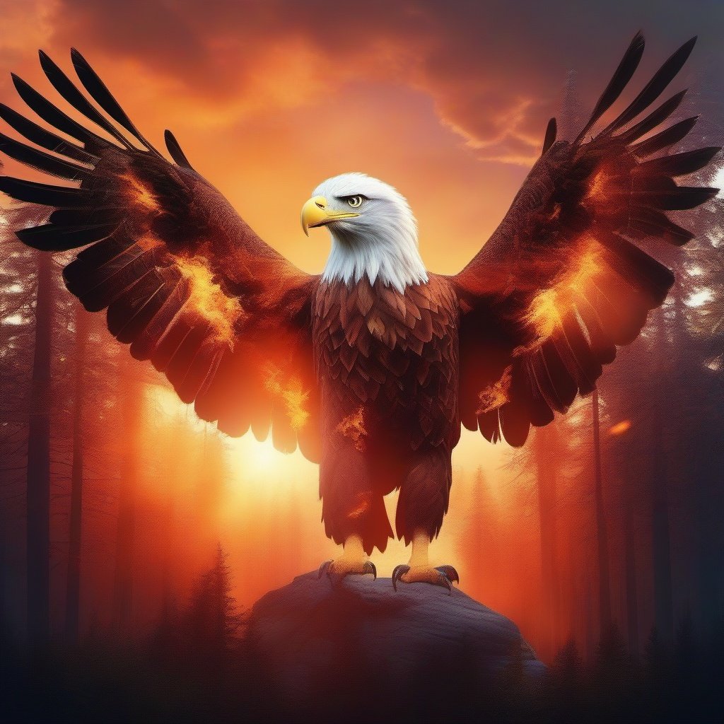 double exposure combines, a full portrait of a giant eagle and a forest on fire, against the backdrop of the setting sun, ultra dynamic light, high quality, unreal engine 