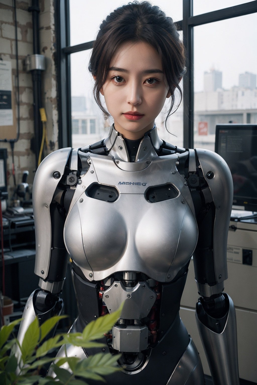 1girl,moyou,upper body,robotic arm,mechanist,mechanical torso,plant,