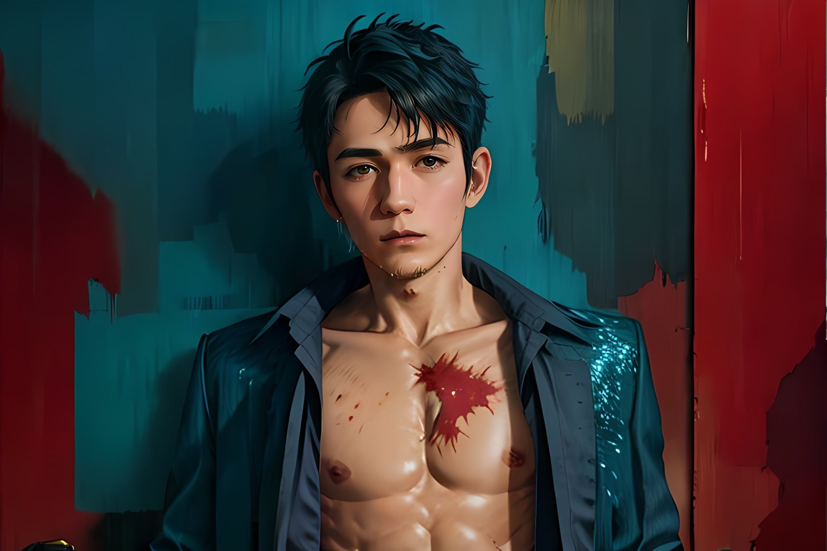 ((masterpiece)),((bestquality)),8k,high detailed,ultra-detailed,1boy, black hair, <lora:zyl:1>, male focus, realistic, solo, ((a lean shirtless man)), body covered in colourful splatters of dye, (cowboy shot:1.55), moody, award winning concept art, 8K, natural lighting, illuminism, 