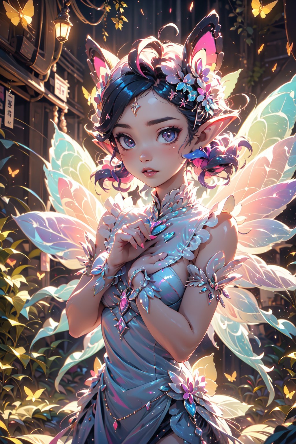 1 girl, cute, small body, fairy, butterfly_wings,gem,(levitating:1.2) hovering above ground,vibrant colors, white dress(((cyberpunk style))), night, soft lighting, Detailedface, (perfectly drawn face, perfect hands)