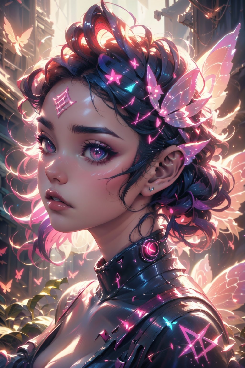 fairy, butterfly_wings,gem,vibrant colors, (((cyberpunk style))), dynamic pose, night, soft lighting, Detailedface, (portrait:1.2), GlowingRunes_red