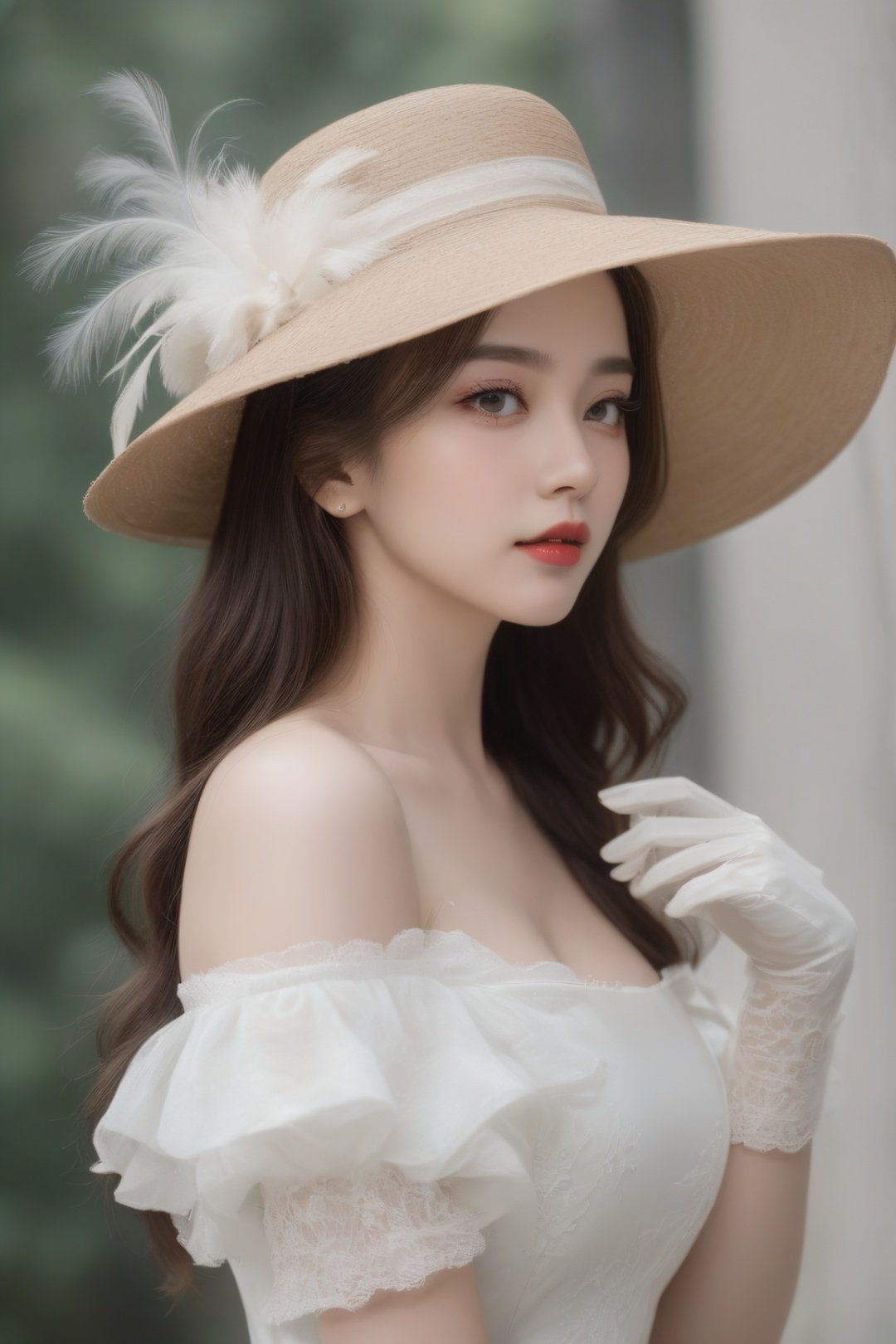 1girl,outdoors,solo,.sexy pose,pensive woman,voluminous dress,intricate lace,embroidered gloves,feathered hat,curled hairdo,pale skin,minimal makeup,tender smile,dainty neckline,nostalgic atmosphere,still life,
black hair,black pupil,red lips,,