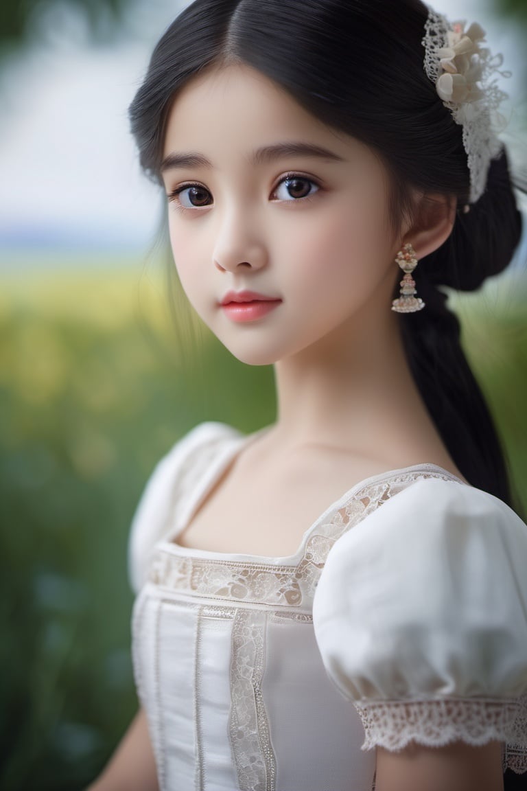 {{masterpiece}},{best quality},{highres},{{Extremely beautiful face}},{young girl},{{looking_at_viewer}},beautiful black eyes,1girl, black_hair, dress, lace, lips, maid, photorealistic, realistic,white_dress,reficul, White skin,depth_of_field,sunset,