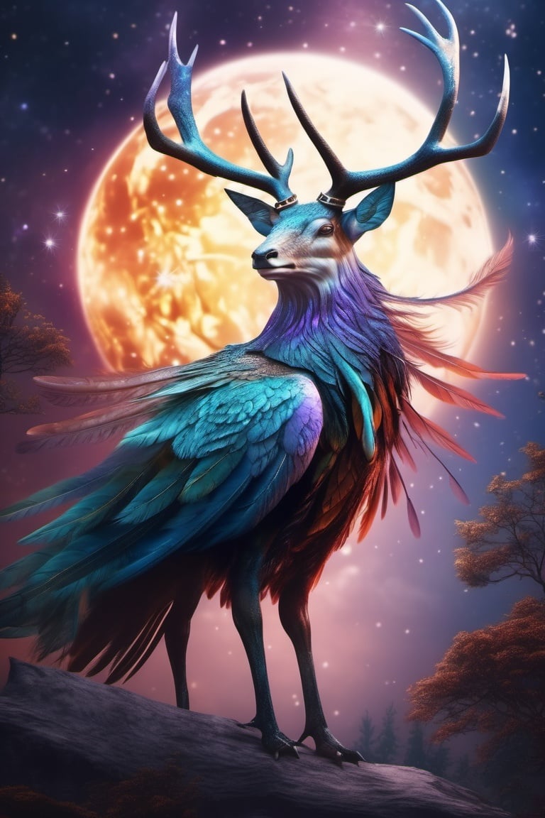 cosmic horror entity with wings, many feathers and majestic antlers, hd realistic image 