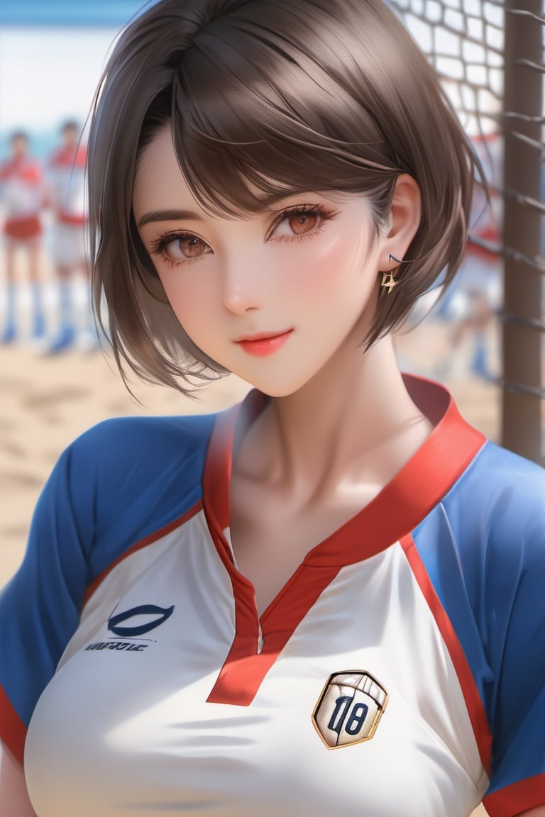  best quality,masterpiece,realistic,textured skin,1girl,realistic photo, volleyball uniform, large breasts, volleyball, solo focus, looking at viewer, blurry background, brown eyes, sportswear, short hair, blurry, shorts, covered navel, lips, black hair, arms at sides, ball, mole on thigh, mole, thighs, shirt, standing, short sleeves, cowboy shot, closed mouth, taut clothes, smile