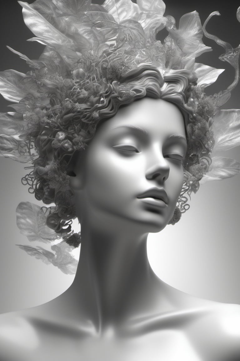 mythical dreamy underwater artistic black and white 3 d render of a translucent beautiful young female angelic - medusa - vegetal - doll, highly detailed, intricate diamond ivy jelly ornate, poetic, translucent algae ornate, digital art, octane render, 8 k artistic photography, photo - realistic, hg giger flora borsi 