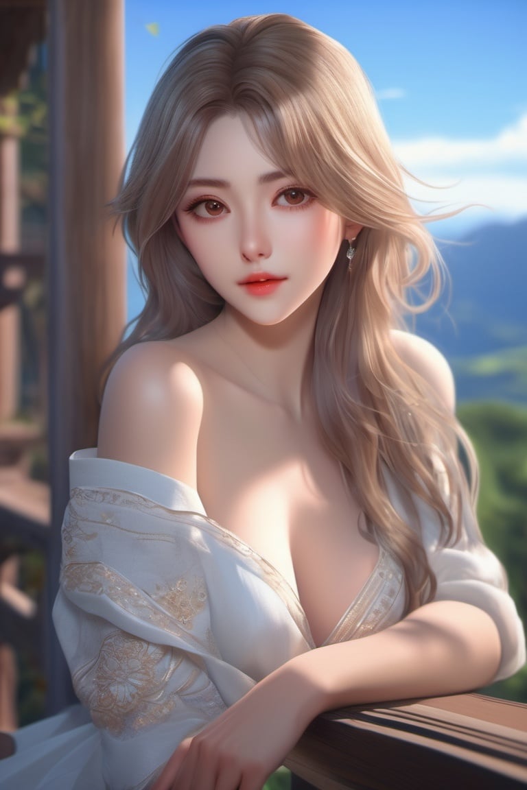 ,(extremely detailed CG unity8 k wallpaper),(masterpiece),(best quality),(ultra-detailed),(best illustration),(best shadow),(an extremely delicate and beautiful), (beautiful  and detailed eyes, detailed face,nice eyes,detailed eyes,real and detailed hands:1.2),(anime style), (((mature female))), ((realism)), lips, detailed background, black hair, (hair over eyes, head out of frame:1.3), open jacket, one breast out, selfie , wide hips, huge boobs, heavy breathing, braided blonde hair, (spreading pussy), nsfw,  , ((lots of cum dripping down legs)), (((sitting on a wooden railing))) , (beautiful scenery background)  ,  ,  , (((1girl))), 1boy, ((woman giving man a handjob while sitting))