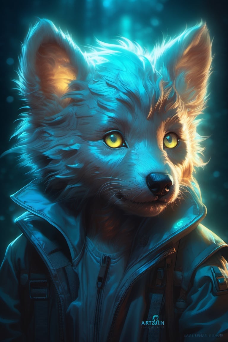 one singular portrait of a cute bioluminescent werewolf cub with glowing eyes, highly detailed, digital painting, cinematic, hyper realism, dark retrowave, art by Stanley Lau and Artgerm and magali villeneuve and Alphonse Mucha, artstation, octane render, cgsociety