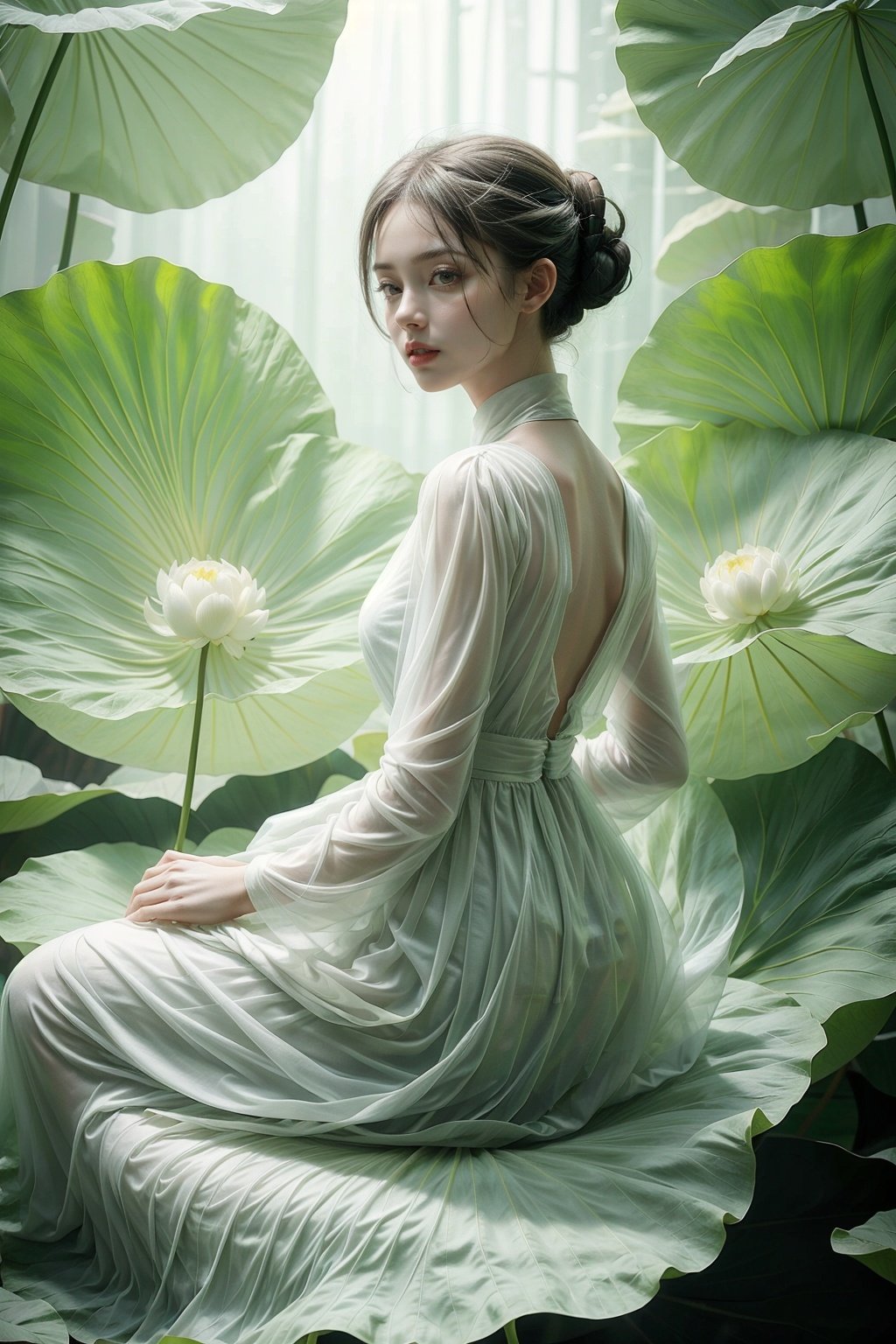 1 girl, solo, giant lotus leaf, black hair, dress, looking at the audience, white dress, hair bun, sitting, single hair bun, leaves, long sleeves, red lips, realistic <lora:add_detail(1):0.6> <lora:wlqc_20230806152502:0.65>