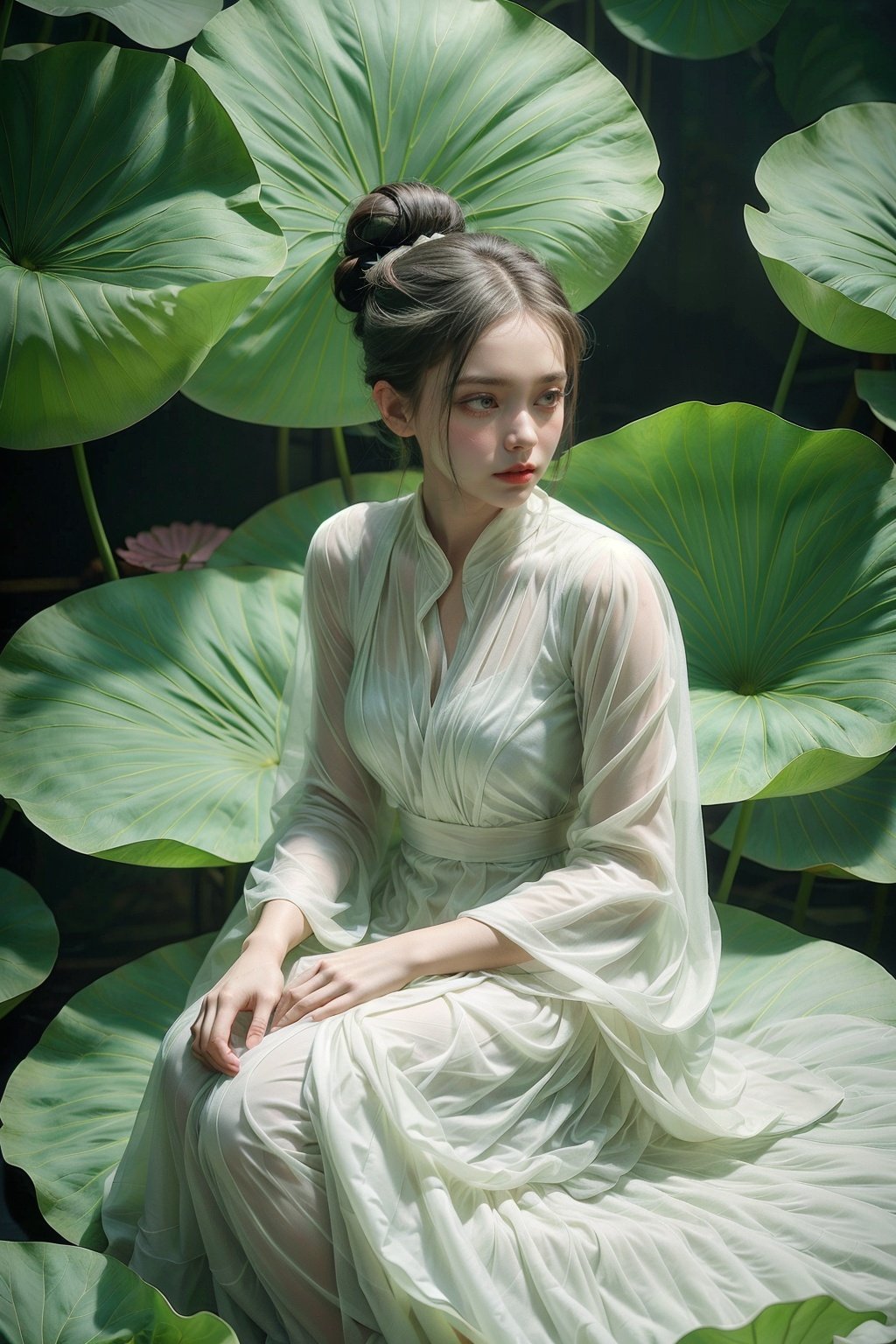 1 girl, solo, giant lotus leaf, black hair, dress, looking at the audience, white dress, hair bun, sitting, single hair bun, leaves, long sleeves, red lips, realistic <lora:add_detail(1):0.6> <lora:wlqc_20230806152502:0.65>