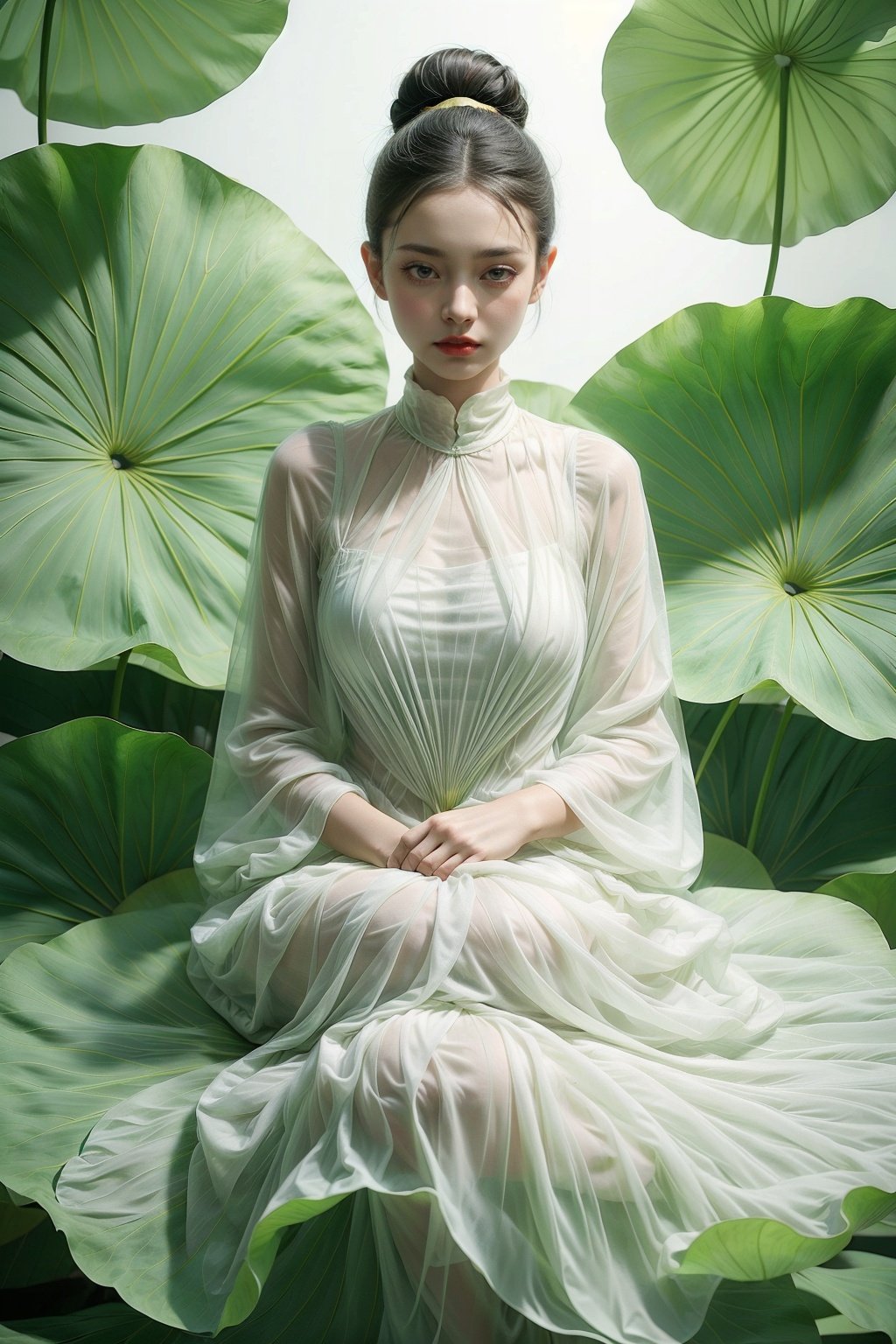 1 girl, solo, giant lotus leaf, black hair, dress, looking at the audience, white dress, hair bun, sitting, single hair bun, leaves, long sleeves, red lips, realistic <lora:add_detail(1):0.6> <lora:wlqc_20230806152502:0.65>