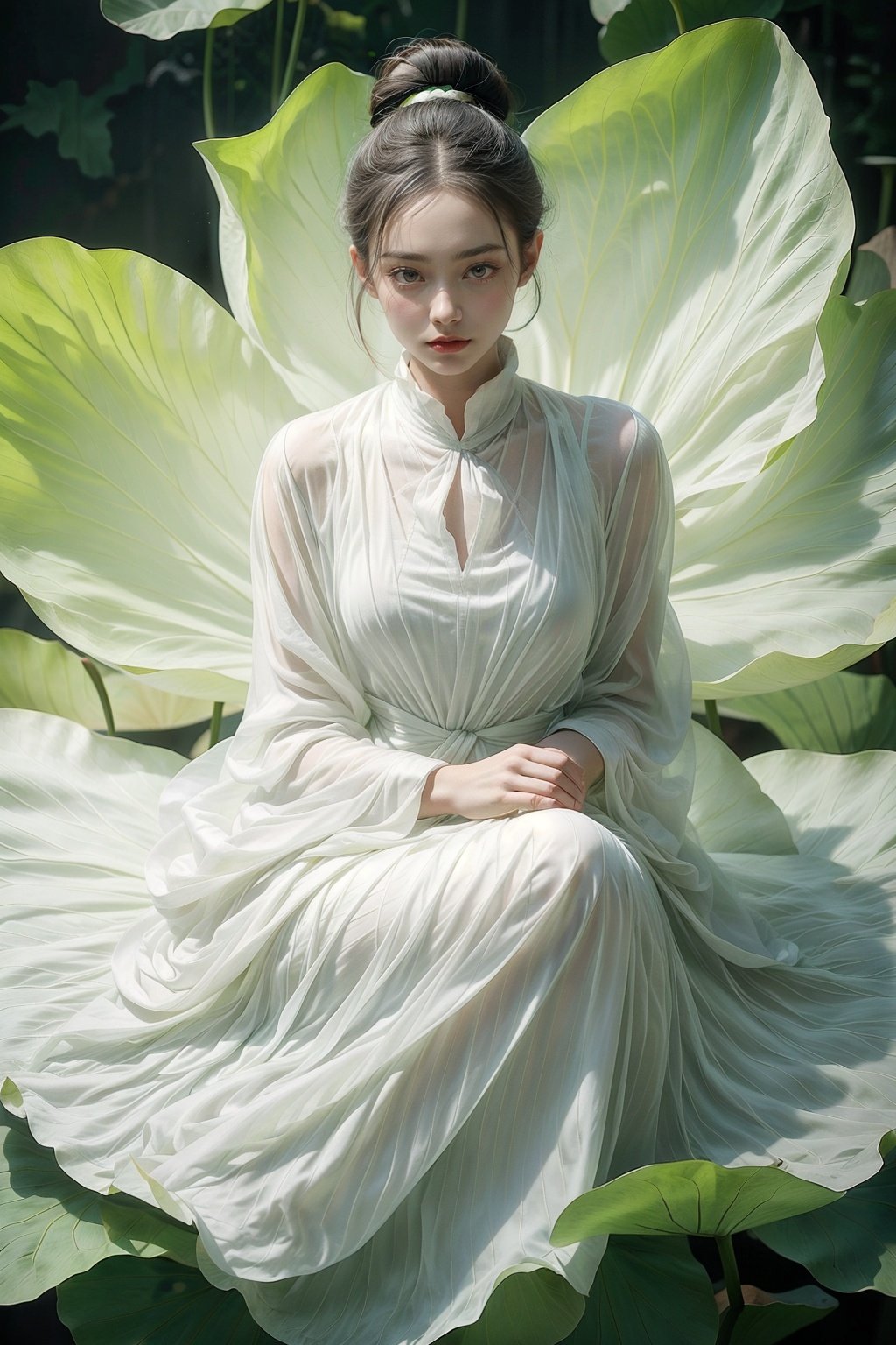 1 girl, solo, giant lotus leaf, black hair, dress, looking at the audience, white dress, hair bun, sitting, single hair bun, leaves, long sleeves, red lips, realistic <lora:add_detail(1):0.6> <lora:wlqc_20230806152502:0.65>