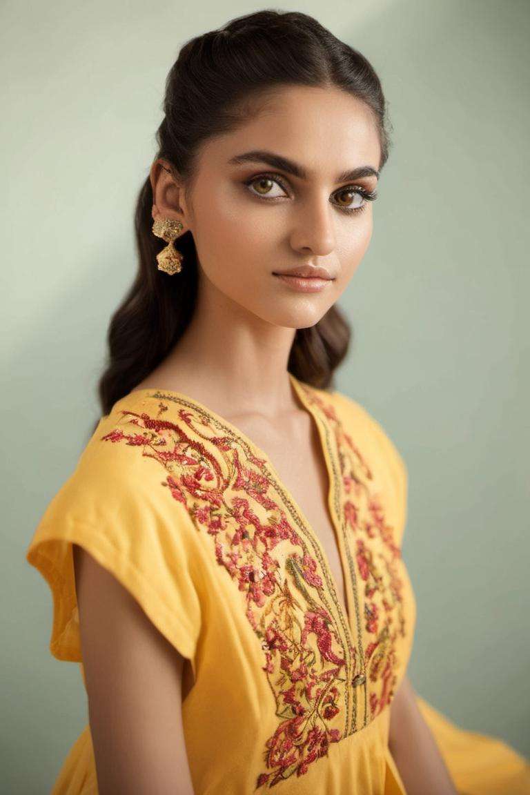 pakistani dress, (highly detailed:1.3), 1girl, solo, (full body:1.3), zig-zag pattern, nice hands, perfect hands, embroidery, 1girl, embroidery, yellow dress, shalwar, Ultra-detail, (highres:1.1), best quality, (masterpiece:1.3), sitting, cinematic lighting, (highly detailed face and eyes:1.3),, <lora:EMS-22938-EMS:1>