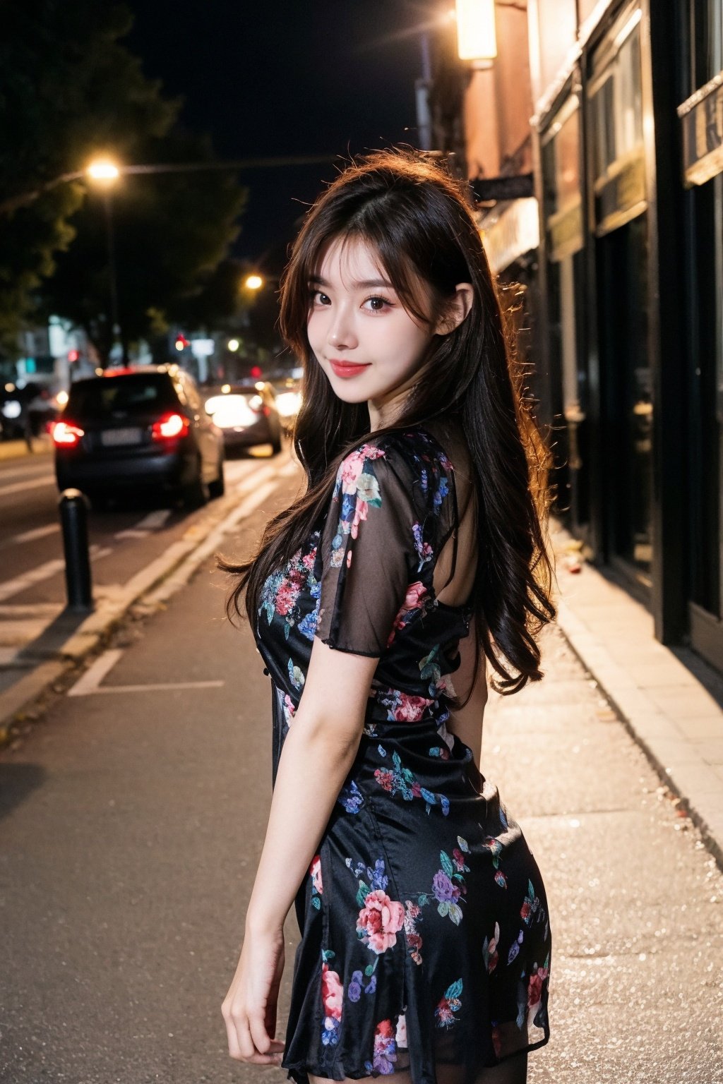 realistic, RAW photo, dslr, film grain, Fujifilm XT3, night shot, 1girl, goddess women,curly hair,  long hair, silver hair,thigh, ([:see-through:4]:1.2)  black dress, (floral print:1.2),black pantyhose,(deserted street), Backlit ,Bokeh ,Contrast Filters,(smile:0.8),from side,looking at viewer, 