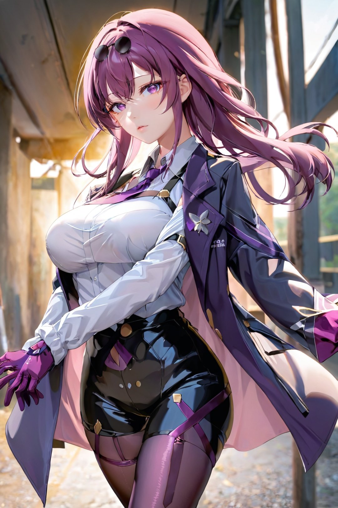 anime,masterpiece,best quality,ultra detailed,official art,beauty and aesthetics,detailed,highly detailed,kafuka,1girl,solo,gloves,purple hair,breasts,long hair,(sunglasses:1.2),looking at viewer,shirt,eyewear on head,long sleeves,purple eyes,white shirt,bangs,holding,large breasts,pantyhose,coat,necktie,collared shirt,scathach (fate),jacket on shoulders,shorts,cowboy shot,hair between eyes,standing,parted lips,jacket,purple gloves,holding eyewear,black shorts<lora:kafuka_xl:0.75>