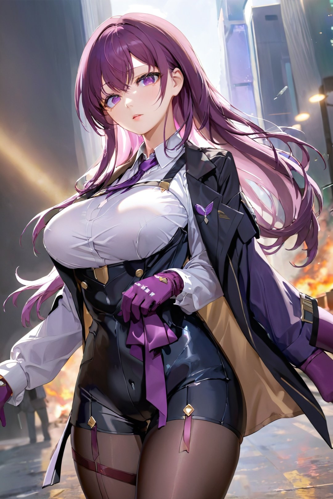 anime,masterpiece,best quality,ultra detailed,official art,beauty and aesthetics,detailed,highly detailed,kafuka,1girl,solo,gloves,purple hair,breasts,long hair,(sunglasses:1.2),looking at viewer,shirt,eyewear on head,long sleeves,purple eyes,white shirt,bangs,holding,large breasts,pantyhose,coat,necktie,collared shirt,scathach (fate),jacket on shoulders,shorts,cowboy shot,hair between eyes,standing,parted lips,jacket,purple gloves,holding eyewear,black shorts<lora:kafuka_xl:0.65>