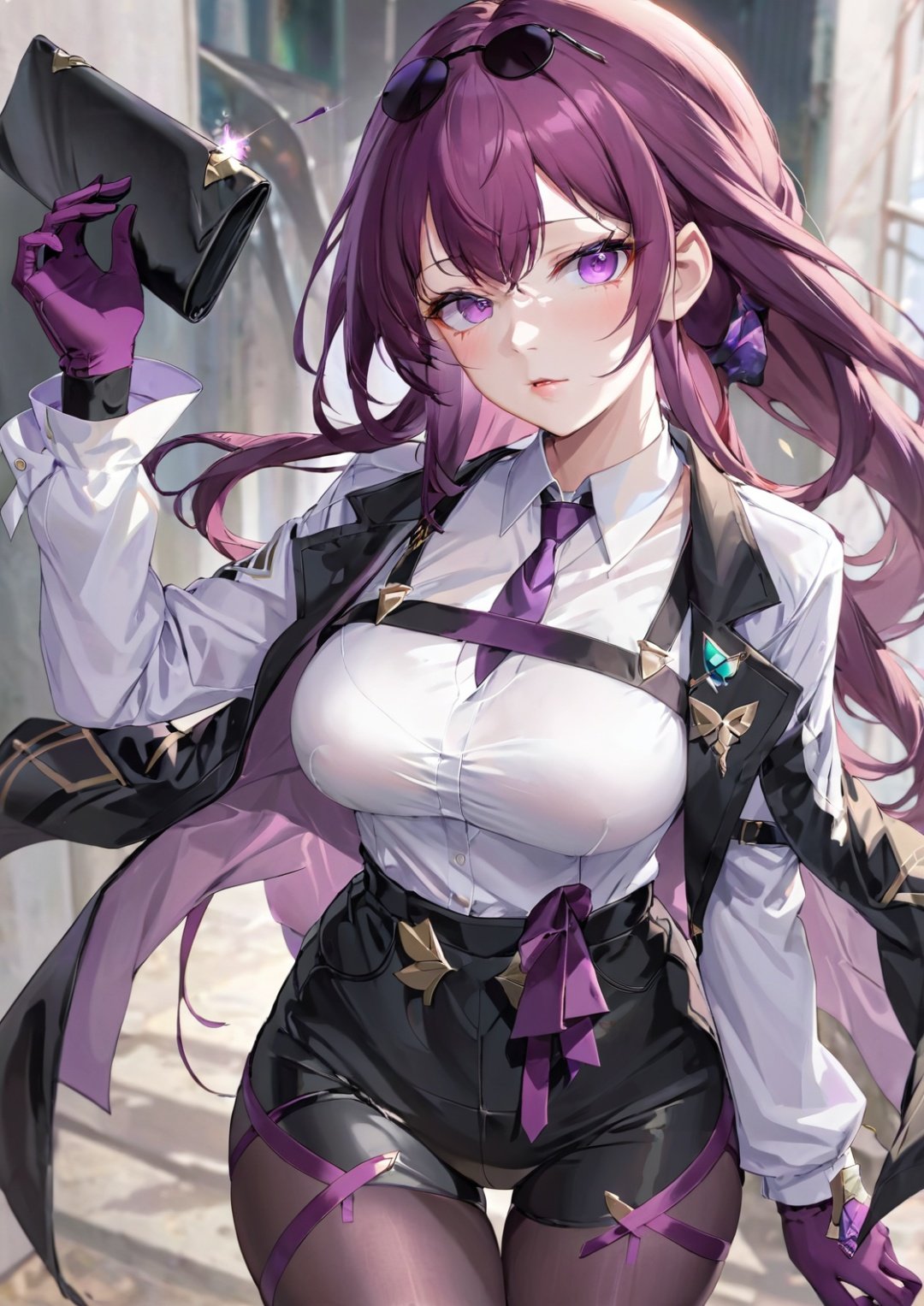 anime,masterpiece,best quality,ultra detailed,official art,beauty and aesthetics,detailed,highly detailed,kafuka,1girl,solo,gloves,purple hair,breasts,long hair,(sunglasses:1.2),looking at viewer,shirt,eyewear on head,long sleeves,purple eyes,white shirt,bangs,holding,large breasts,pantyhose,coat,necktie,collared shirt,scathach (fate),jacket on shoulders,shorts,cowboy shot,hair between eyes,standing,parted lips,jacket,purple gloves,holding eyewear,black shorts<lora:kafuka_xl:0.65>