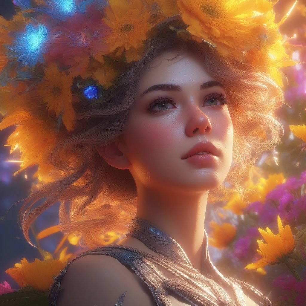 a beautiful girl, flower chaos, solar flare,ultra dynamic light, high quality, Digital painting , unreal engine, 16k UHD