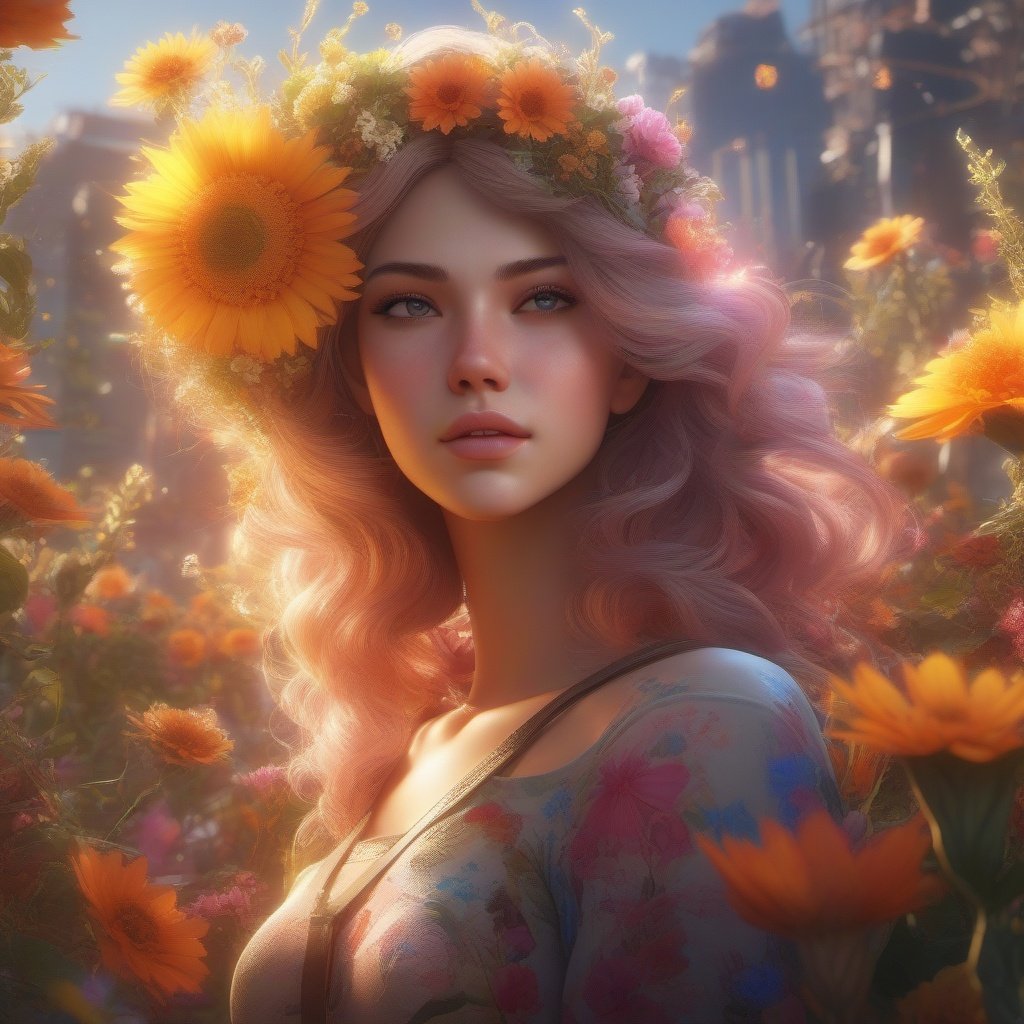 a beautiful girl, flower chaos, solar flare,ultra dynamic light, high quality, Digital painting , unreal engine, 16k UHD