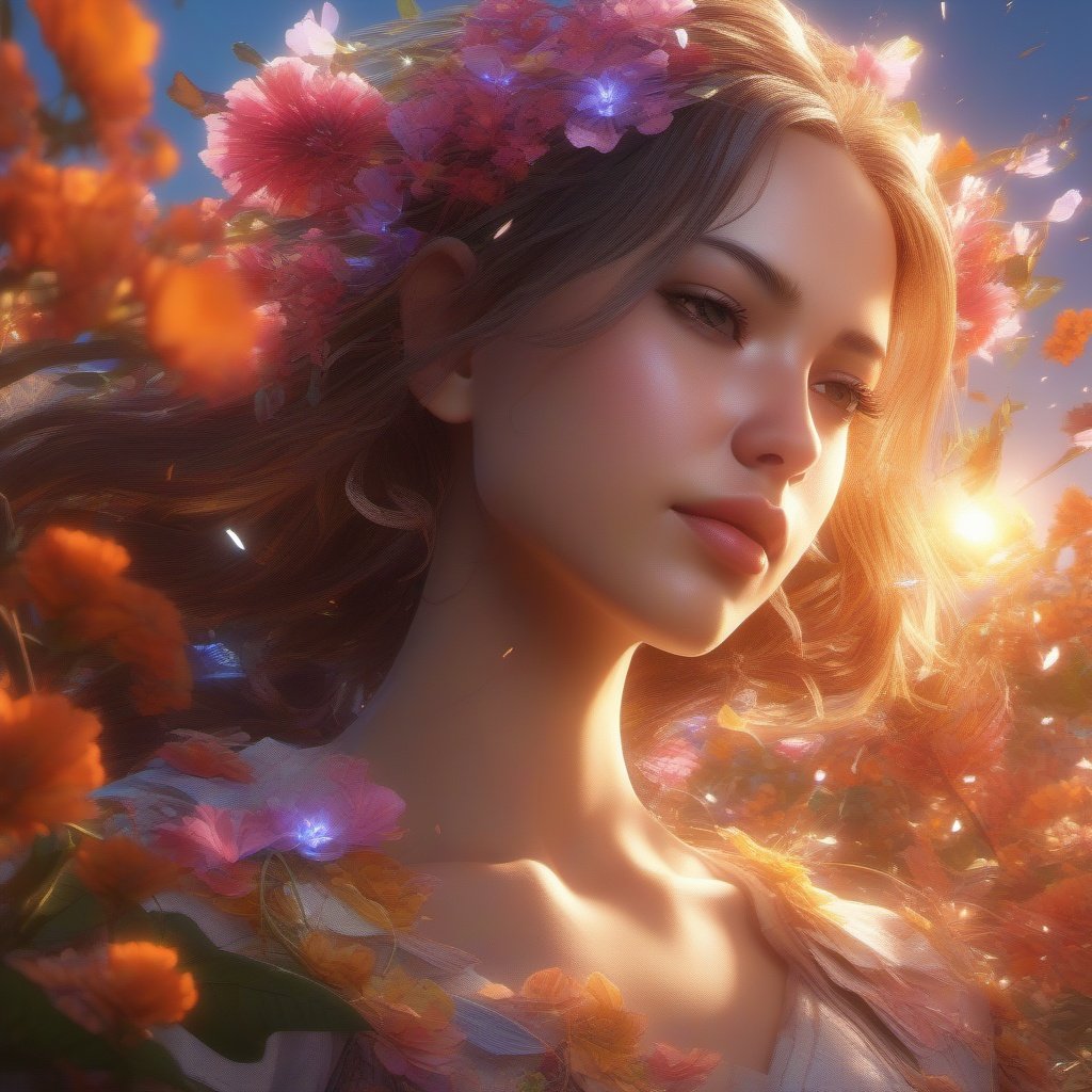 a beautiful girl, flower chaos, solar flare,ultra dynamic light, high quality, Digital painting , unreal engine, 16k UHD