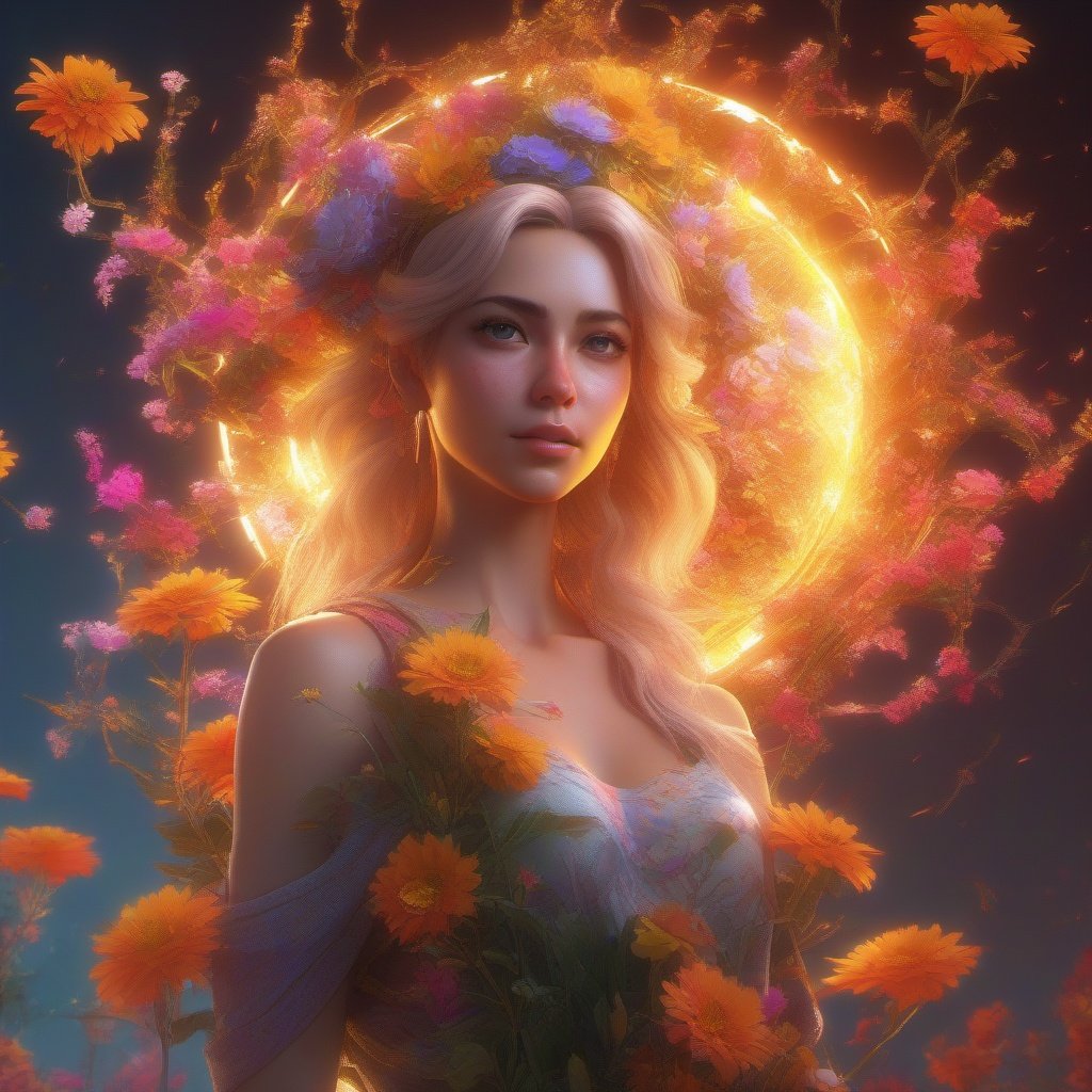 a beautiful girl, flower chaos, solar flare,ultra dynamic light, high quality, Digital painting , unreal engine, 16k UHD