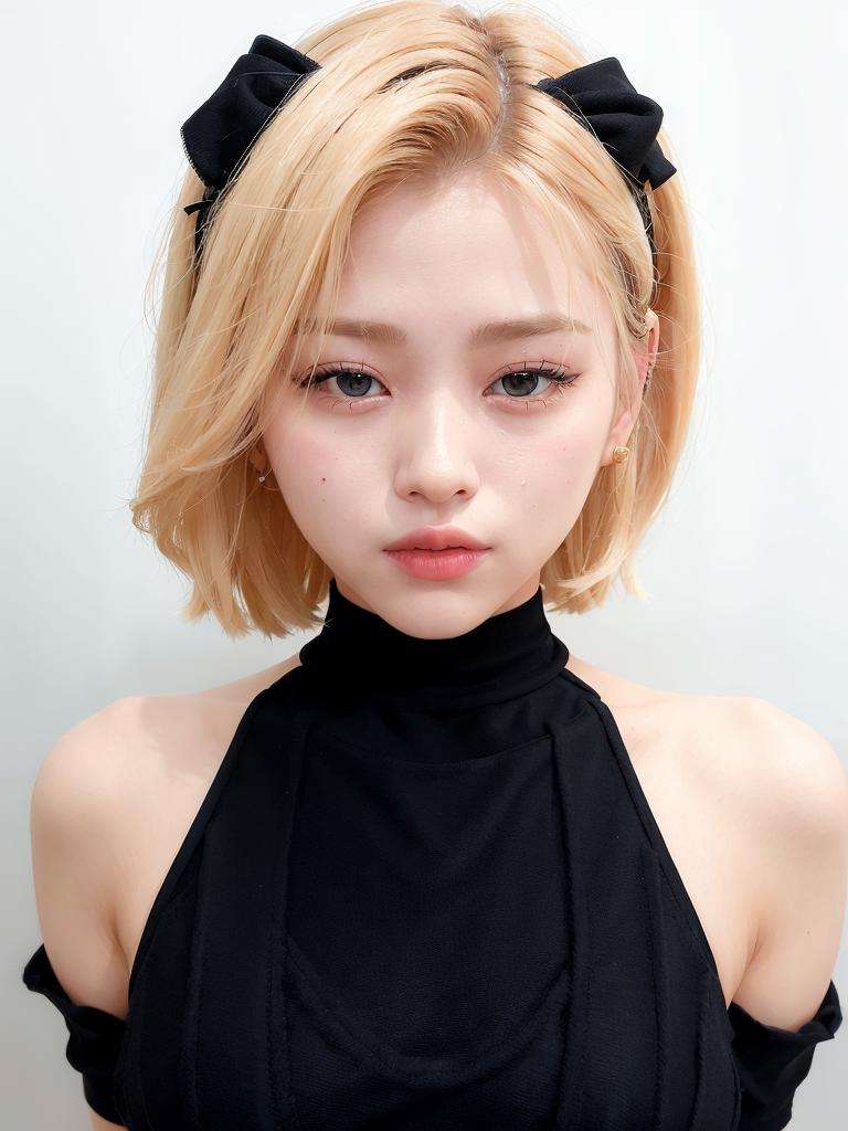 (face portrait:1.3) of Ryujin Itzy,  wearing a (black minidress:1.3), (blonde hair:1.3), k-pop Idol, kiss, contrapposto, best quality, ultra high res, (photorealistic:1.3), 1girl, <lora:Ryujin Itzy:0.7>