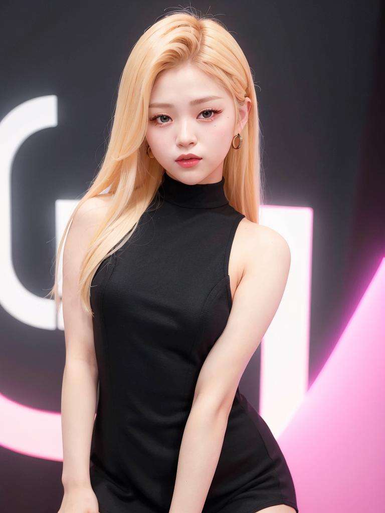 (face portrait:1.3) of Ryujin Itzy,  wearing a (black minidress:1.3), (blonde hair:1.3), k-pop Idol, (kiss:1.2), red lips, contrapposto, best quality, ultra high res, (photorealistic:1.3), 1girl, <lora:Ryujin Itzy:0.7>