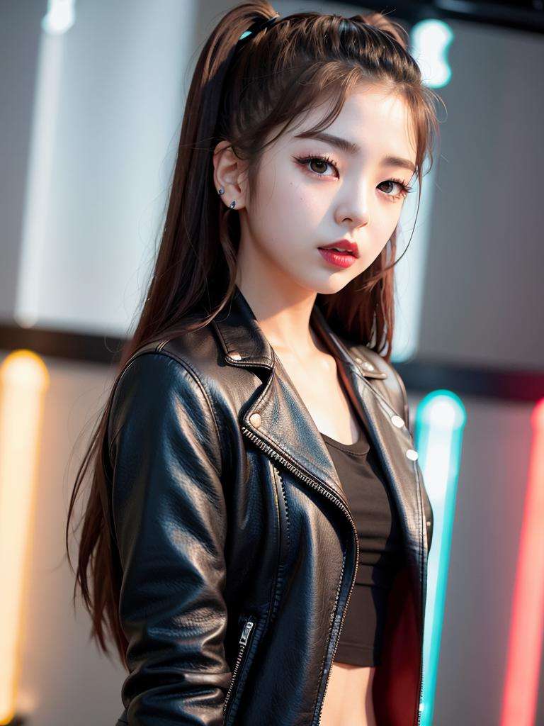 closeup portrait of Lia Itzy,  black leather jacket,  sad512,  red lips, k-pop idol, standing in a nightclub,<lora:Lia Itzy:0.7>