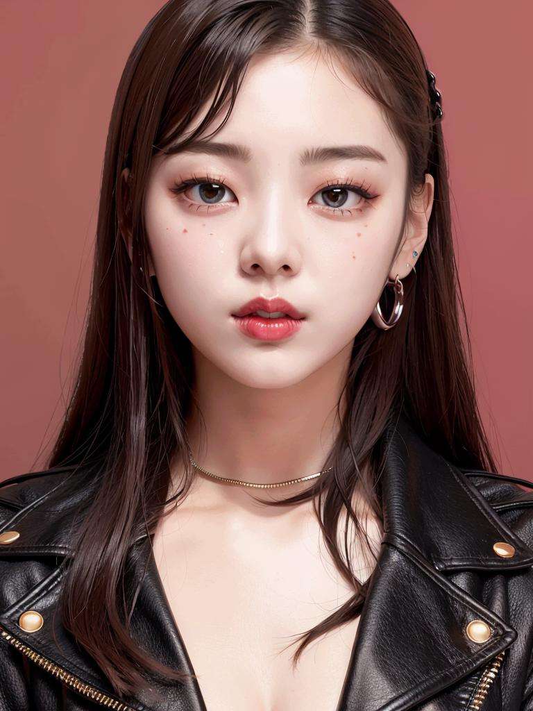 closeup portrait of Lia Itzy,  black leather jacket,  sad512,  red lips, k-pop idol, standing in a nightclub,<lora:Lia Itzy:0.8>