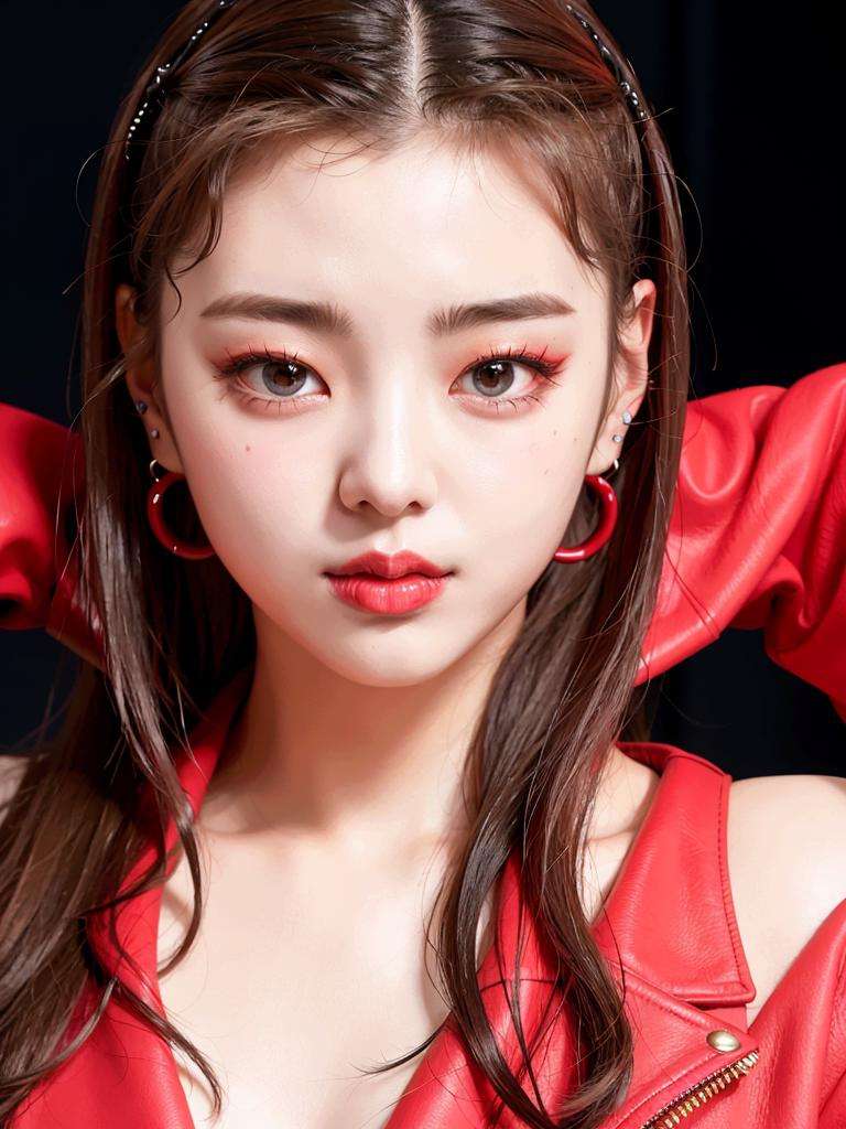 closeup portrait of Lia Itzy,  red leather jacket,   red lips, k-pop idol, standing in a nightclub,<lora:Lia Itzy:0.8>