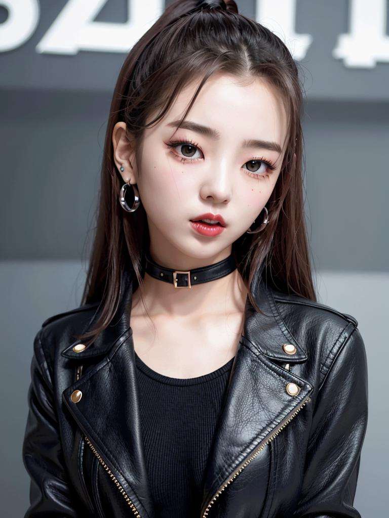 closeup portrait of Lia Itzy,  black leather jacket,  sad512,  red lips, k-pop idol, standing in a nightclub,<lora:Lia Itzy:0.8>