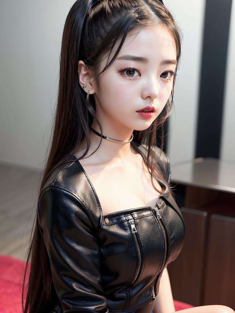 closeup portrait of Lia Itzy,  black leather jacket,  sad512,  red lips, k-pop idol, standing in a nightclub,<lora:Lia Itzy:0.8>