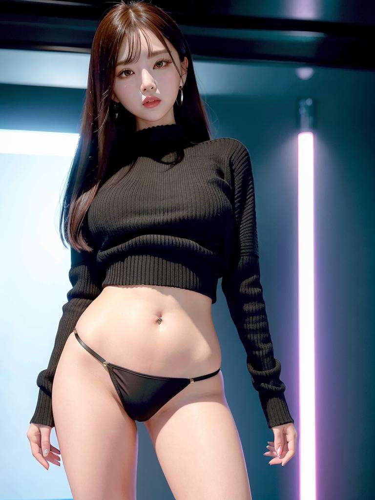 (close-up portrait:1.3) of yuna, wearing a black sweater and shorts, red lips, contrapposto, (standing in a nightclub:1.2), <lora:Yuna Itzy:0.7>