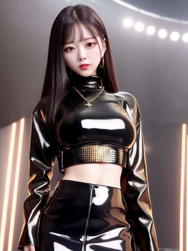 close-up portrait of yuna, black turtleneck topand a leather skirt, golden chain, (smiling:0.8), k-pop idol, red lips, slender body, standing in a nightclub, <lora:Yuna Itzy:0.8>